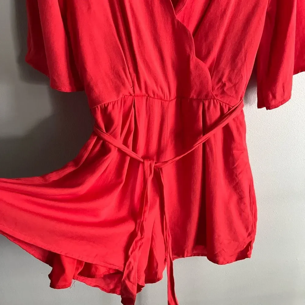 Jun & Ivy Red Scalloped Wrap Front Romper Belted Preppy Boutique